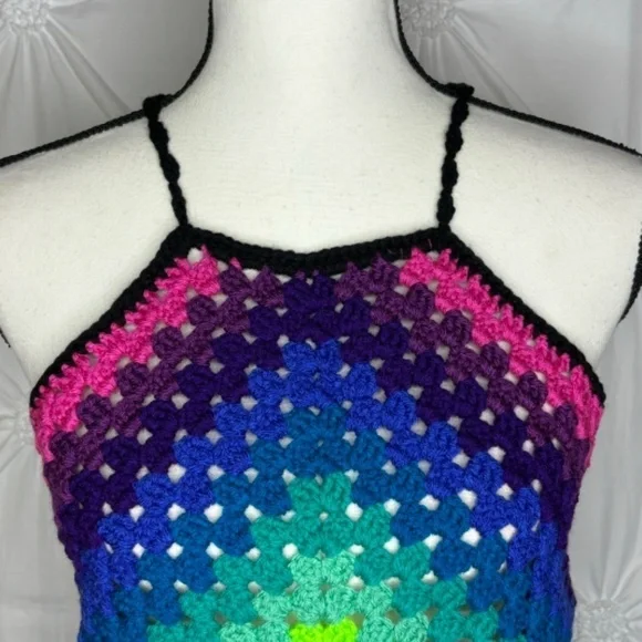 Handcrafted Crochet Halter Top Rainbow Granny Acrylic Yarn Art Handmade Knit - Picture 3 of 16